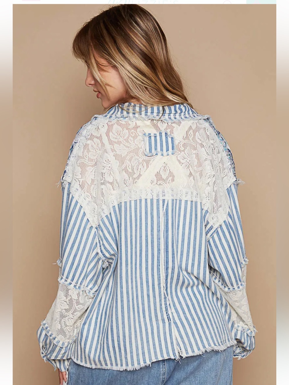 BB180. NWT POL Blue Striped Woven Mix Raw Hem Shacket with Lace Detail - Picture 3 of 5